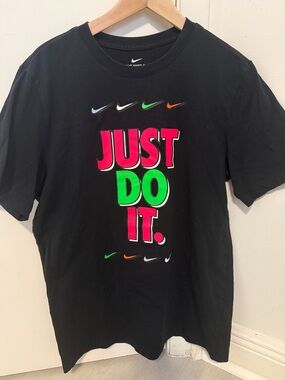 Nike Black Tee with Neon Pink and Neon Green 'Just Do It' Graphic